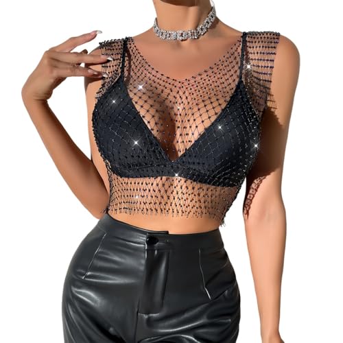 KSJEHW Rhinestone brillante malla cuerpo cadena tops para mujeres brillante bikini crop top para discoteca fiesta festival(Cuello en V, M)
