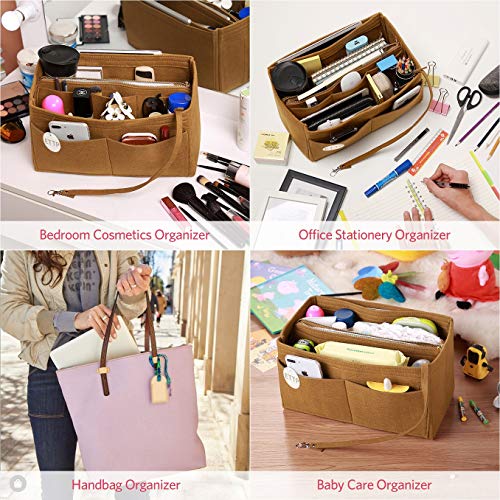 Ettp Purse Organizer Insert, Felt Tote Organizer Insert With Metal Zipper, Handbag Organizer For Speedy, Neverfull, Tote, Handbag, 7 Colors 5 Sizes (Medium, Coffee) #TOP6