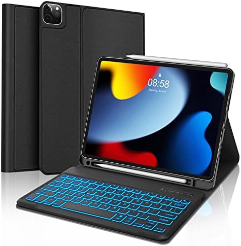 iPad Pro 12.9 Case with Keyboard-3rd, 4th, 5th, 6th Generation, 7 Pure Colors RGB Backlight, USB-C, Bluetooth, Detachable - Smart Keyboard Folio Case for iPad Pro 12.9-inch with Pencil Holder (Black)