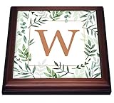 8x8 Trivet with 6x6 Ceramic Tile - Monogram Initial Letter W in Gold Framed in Leaves and a Gold Square. Stamp City - Monogram
