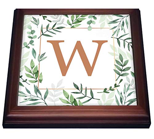 8x8 Trivet with 6x6 Ceramic Tile - Monogram Initial Letter W in Gold Framed in Leaves and a Gold Square. Stamp City - Monogram