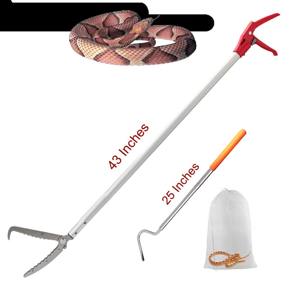 Pince à serpent pour reptiles 43 cm - En alliage d'aluminium - Outil de manipulation de la mâchoire large avec serrure et poignée confortable (crochet de serpent et sac)