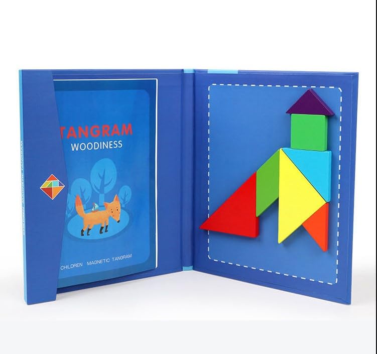 Image of Magnetic Tangram Puzzle for Kids, Wooden Educational Puzzle Toy, Toys for 4-10 Years Montessori Puzzle Game, Educational STEM Activity Book (7 pcs Tangram)