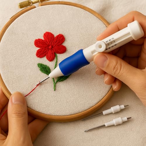 Image of SD Decor Embroidery Kit for Beginners - Complete Punch Needle Set for Embroidery with 3 Needle Sizes, Ergonomic Pen, Adjustable Depths & Threader (White)