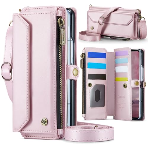 Étui portefeuille Galaxy Z Fold 7 en cuir rose avec fermeture éclair et porte-cartes