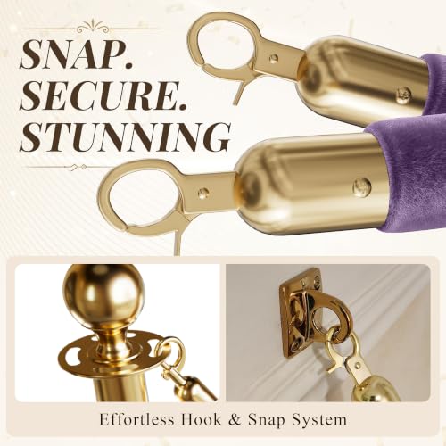 Image of 4PCS Lavender Velvet Stanchion Ropes 5 Ft Crowd Control Ropes Barrier with Gold Hooks for Party Supplies,Photobooth Accessories, Prom,Birthday,Business,Wedding, Museums(Light Purple)