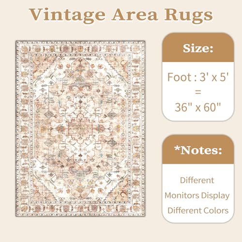 SERISSA Area Rug 3x5 Boho Peach Cream Rugs for Bedroom, Washable Kitchen Rugs Non-Slip, Ultra Soft Print Distressed Vintage Entry Rug Low-Pile Throw Rug Carpet for Nursery Living Room Dorm Decor