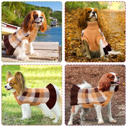 Image of Dog Sweater Dress Plaid Knitwear for Small Medium Dogs Warm Puppy Pet Turtleneck Stretch Pullover Cute Fall Winter Vest Clothes with Leash Hole for Christmas (Coffee, 2XL)