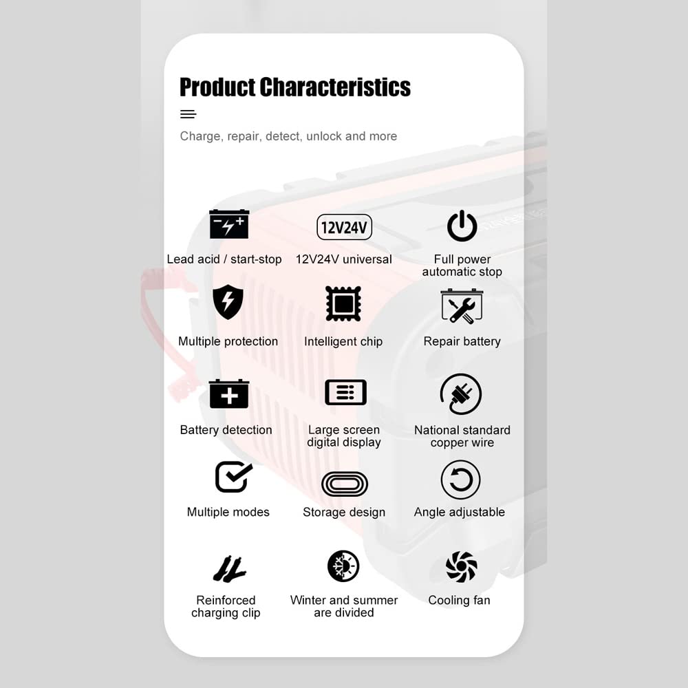 Jemora Caricabatterie per Auto 12V / 24V Dispositivo di Carica per la Riparazione di impulsi Intelligenti Manutentore di Mantenimento della Batteria automobilistica con Display Digitale LCD per