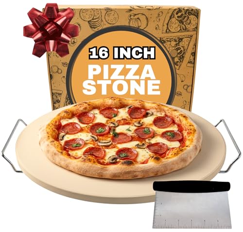 16 inch Baking Stone For Oven - Round Pizza Stone with Handles and Dough Tool - Baking Stone for Bread - Pizza Stones for Oven and Grill - Cooking Gifts for Food Lovers