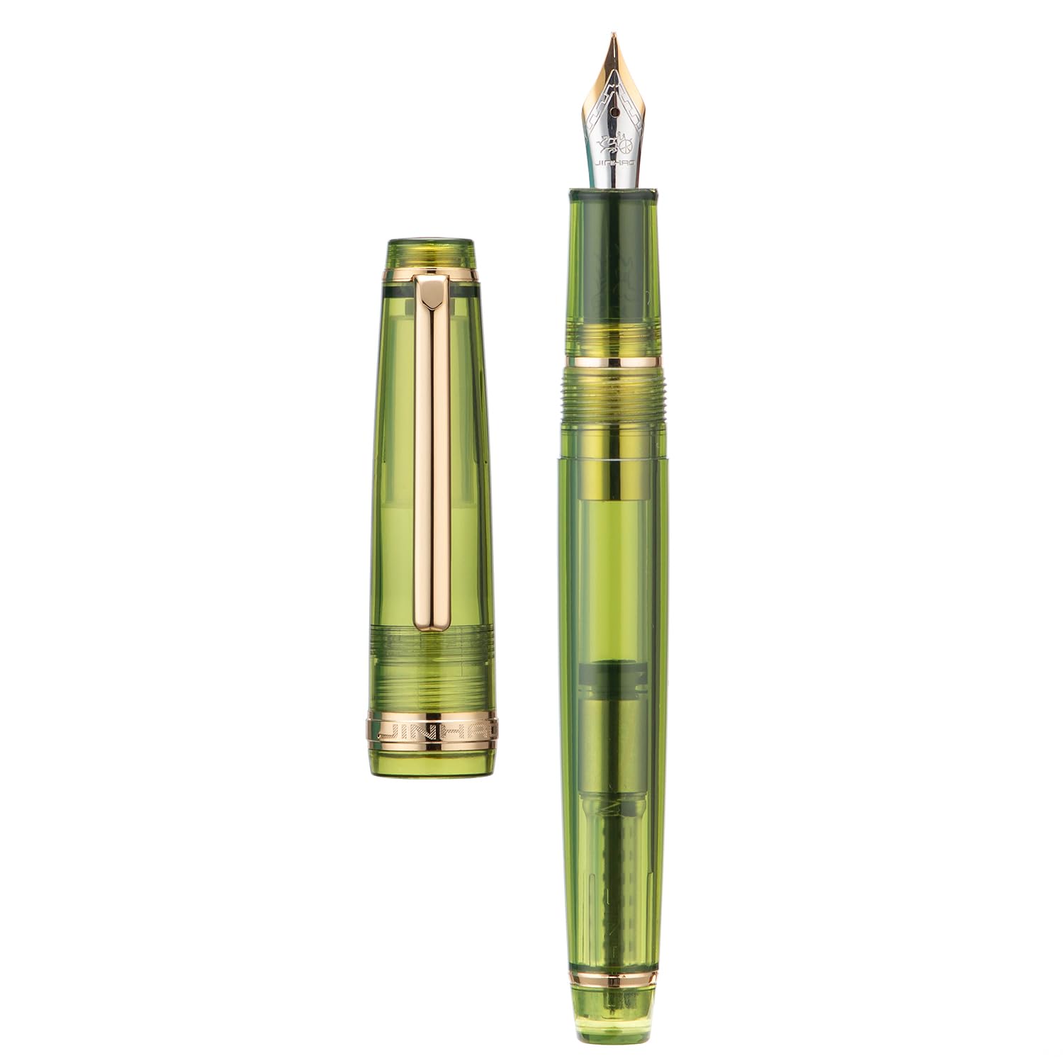 Jinhao 82 Acrylic Fountain Pen, Iridium Fine Nib with Ink Converter, Transparent Olive Green Classic Design Smooth Writing Pen (Gold Trim)