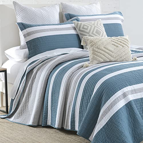Finlonte Summer Quilts Queen Size - 100% Cotton Queen Quilt, Blue Striped Queen Size Quilt, Lightweight Soft Queen Quilt Sets For All Season, 3 Pieces #TOP1