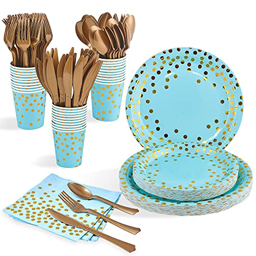 210 Piece Golden Dot Dinnerware Set 30 Guest - 60 Blue Paper Plates,30 Gold Plastic Silverware,30 Paper Cups,30 Paper Napkins, FOCUSLINE Disposable Party Dinnerware for Graduation Birthday Wedding