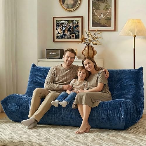 Image of HABUTWAY Giant Bean Bag Chairs Lazy Sofa for Adults,3 Seater,Navy Blue | 3 Seater Fireside Chair, Memory Foam Lazy Large Floor Bean Bag Sofa for Living Room, Bedroom, Dorm, Office