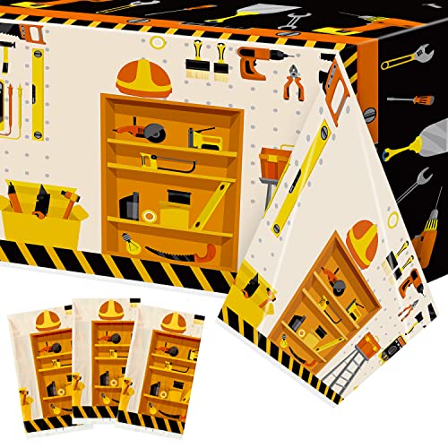 Image of 3 Packs Tool Theme Plastic Tablecloths Decoration Waterproof Rectangle Cute Tool TableCover Design with Hard Hat, Nuts, Bolts, Ladders, Spade Patterns for Kids Boys Birthday Party Supplies