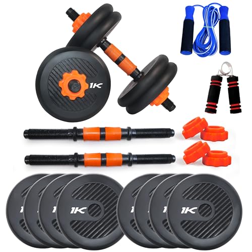 Image of WATSON Premium Rubber Dumbbell Set for Men, Women Fitness, Dumbbell Set with 8Kg (1Kgx8) Rubber Weight Plates, Hard PVC 14 inch Dumbbell Rods, Skipping Rope, Hand Grip