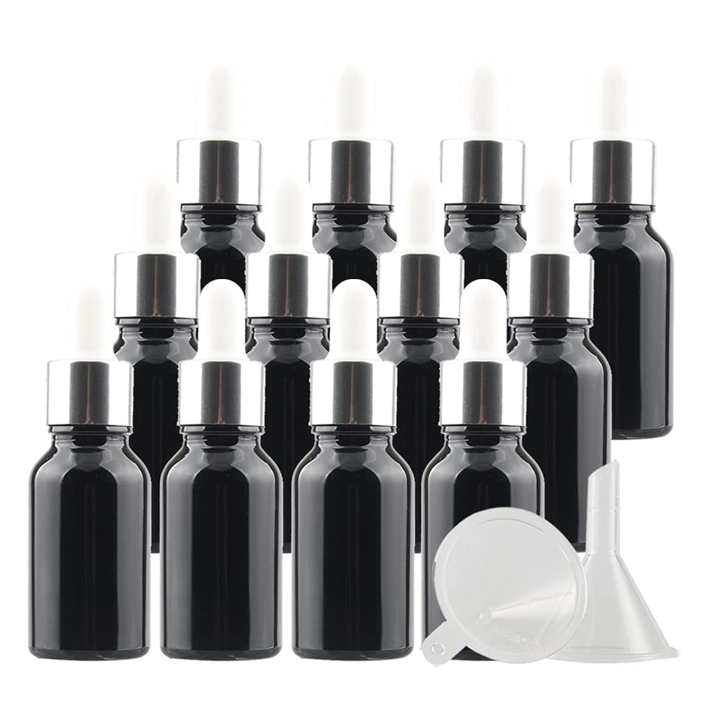 24 Stück 15ml Glänz schwarz Pipettenflasche Tropfpipetten mit Silber Pipettenring für Ätherisches Öl,Aromatherapie, Massage, Duftöl Probe, chemische Flüssigkeit + 4x Trichter