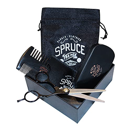 Spruce Grooming Products-High-End Beard Grooming Set For Men-Natural Boar Bristle Beard Brush/Dual Sided Sandalwood Beard Comb & Stainless Steel Scissors with travel bag - Get that Beard SPRUCED!!