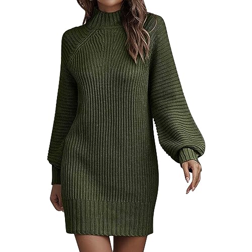 FNKDOR Strickkleid Damen Winter mit Rollkragen Kurz Gerippt Puffärmel Winterkleider Pulloverkleid (GN2, S)