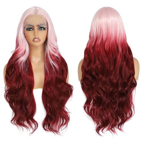 X-Tress 28" Lace Front Wig - Pink to Red Balayage Synthetic Hair - Pre Plucked, Glueless, Soft, Pink & Red