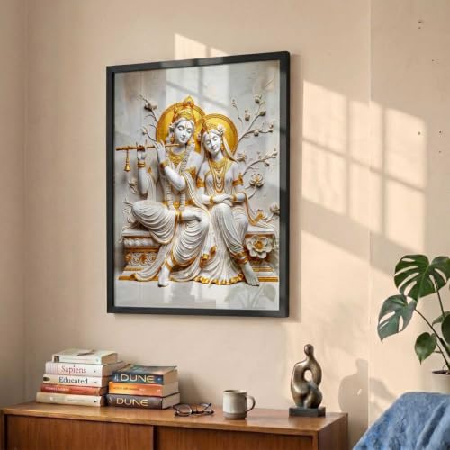 Image of CRAFTLYN Hindu God Wall Art WALL ART Prints Framed Spiritual Religious Paintings for Living Room, Pooja Room, Bedroom, Office, Meditation Room, Home Decor (Radha krishna 1, 19 X25, Black)