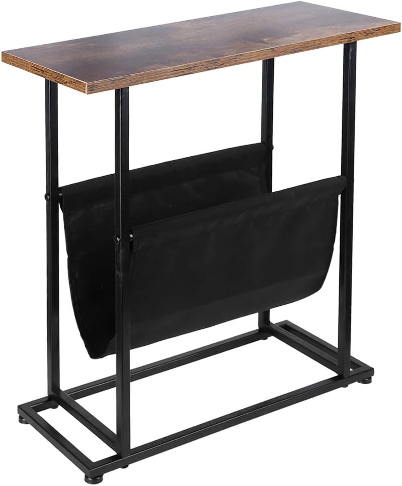 Side Table with Canvas Bag, Narrow Side Table Sofa Side Coffee Table Industrial Style Narrow Coffee Table End Table Iron Sofa End Table with Mdf for Living Room Bedroom, Iron+MDF, 19x49.8x55.5cm