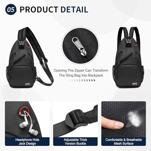 Image of Convertible Sling Bags for Women Men, Lightweight Crossbody Backpack Daypack Fit for 11 inch Tablet for Casual Travel Sport Hiking (Black)