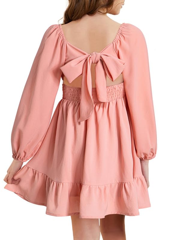 DOKOTOO KIDS Girls Tie Back Off Shoulder Dress Ruffle Long Sleeve Fall Spring Dresses 4-15 Years
