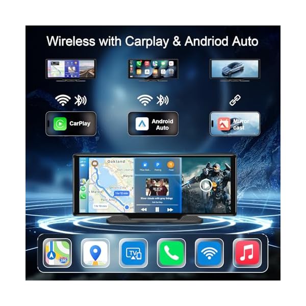 Portable Carplay Screen 10.26'' HD IPS Apple Carplay & Android Auto Screen for Car, Wireless Car Play Stereo with 4K Dash Cam/1080P Rear Camera, Car Audio Receivers,GPS Navigation,Mirror Link,FM,Siri