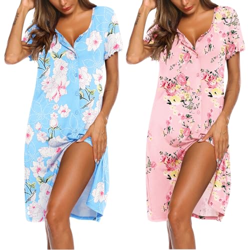 Image of Ekouaer 2 Pack Nightgowns for Women Button Down Night Shirts Short Sleeve Sleep Shirts V Neck Sleepwear Pajama Dress