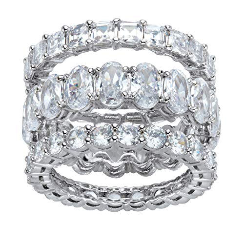 Palm Beach Jewelry Platinum Plated Oval Round and Princess Cut Cubic Zirconia 3 Piece Stackable Eternity Ring Set Size 9