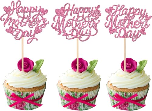 SYKYCTCY 24 PCS Happy Mother's Day Cupcake Toppers with Glitter Heart Love Mother Best Mom Cupcake Picks for Happy Mother's Day Theme Women Birthday Party Cake Decorations Supplies Pink (#5)