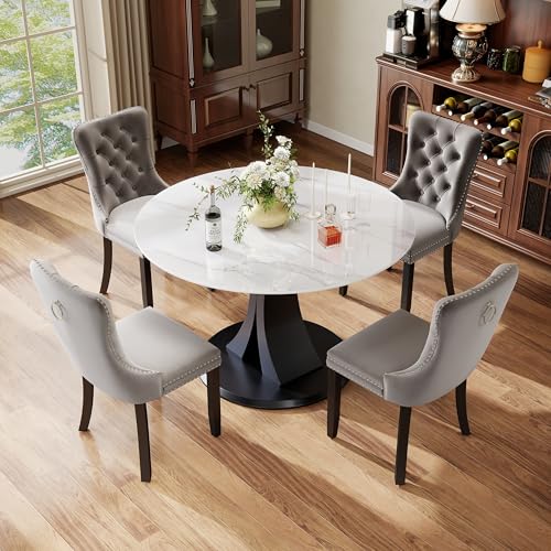 Image of 5-Piece Dining Table Set with 39In Faux Marble Table and 4 Velvet Upholstered Chairs, Modern Scandinavian Furniture for Dining Room Kitchen(Gray)