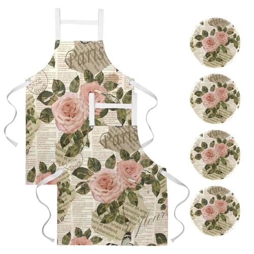 Tablier Rose Paris vintage sur papier journal avec 4 broches incluses