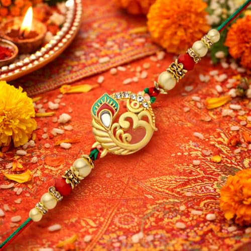 Image of Riddhika Ventures Glorious Gold Plated Auspicious Diamond Ring Rakhi with Roli Chawal and Greeting Card
