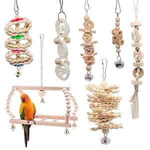 LINGSFIRE Papegaai Speelgoed Set 7 Packs Huisdier Vogel Speelgoed Houten Opknoping Stand Ladder Vogel Swing…