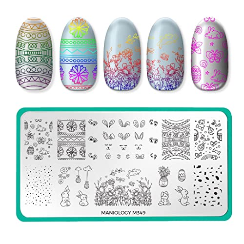 Maniology Garden Egg Hunt Nail Stamping Plate | Easter-Themed Designs with Playful Eggs & Garden Motifs for Springtime DIY Manicures – Reusable, Rectangular Stainless Steel Nail Art Template