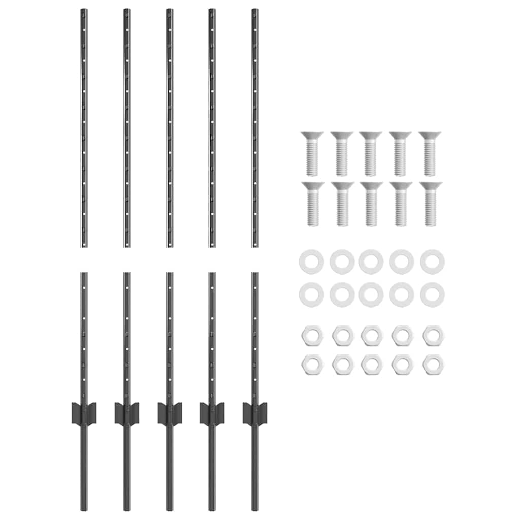 Grey Steel Fence Post, 5 pcs, 39.37 inches, Durable Metal Garden Boundary Support, Weather-Resistant Outdoor Deck Railing Solution