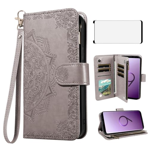 Housse Samsung S9 fleurie grise avec porte-carte pour simplifier vos déplacements