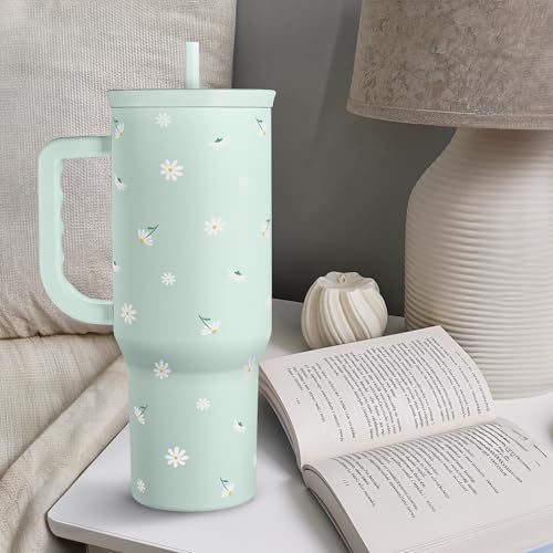 Image of Daisy 40oz Tumbler with Handle and Straw - Flower Insulated Stainless Steel Travel Coffee Mug for Women Girls - Gift Idea for Birthday Christmas Mothers Day