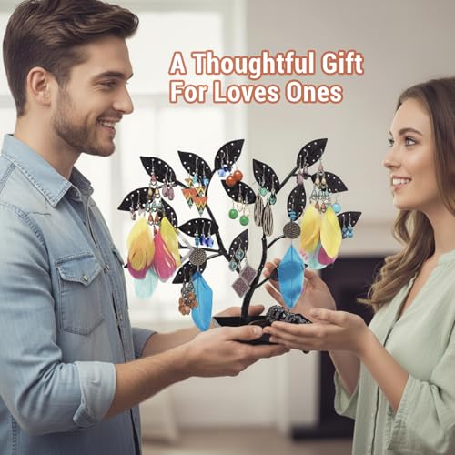 Image of MyGift Jewelry Tree w /Bird Nest 48 pair Earrings Holder, Bracelets /Necklace Organizer Stand (Black Metal)