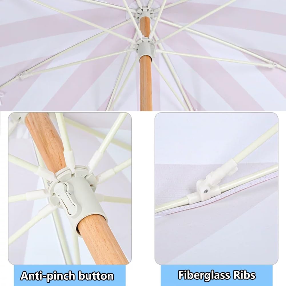 Boho Pasiasty Parasol Plażowy z Frędzlami, 200 cm Przenośny Parasol Tarasowy z Pochylanym Drewnianym Słupkiem do Basenu, Ogrodu, na Taras