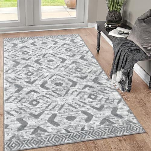 KILOCOCO Boho Entryway Rug 3x5 Area Rug Washable Non Slip Grey Throw Rugs Soft for Kitchen Living Room Dining Bedroom Rugs Geometric Moroccan Carpet