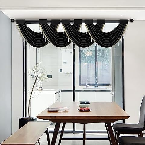 ELKCA Black Velvet Waterfall Swag Valances for Living Room Valance Curtains for Kitchen,Pack of 4(Black, 30" W x 22" L) Cover