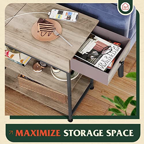 Image of WLIVE Narrow Side Table with 2 USB Ports and 2 Outlets, Flip Top End Table with Drawer and Storage Shelves, End Stand with Charging Station for Living Room, Bedroom, Small Spaces, Greige