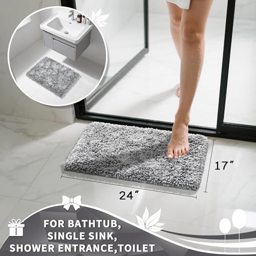 Image of Yimobra Chenille Bathroom Rugs Non Slip, Extra Thick Soft Absorbent Bath Rug, Machine Washable Quick Dry Bath Mat for Bathroom Floor, Tub and Shower, Home Decor Accessories, 24x17, Light Grey