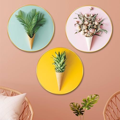 Image of SAF Livin'Luxe Premium Set Of 3 Round Botanical Ice Cream Cone Wall Art | Golden Frame MDF Wall Decor For Living Room, Kitchen, Cafe | Modern Floral & Fruit Theme Decorative Panels Painting 23 In