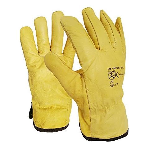 Fleece Cotton Lined Yellow or White Leather Lorry Driver Work Gloves (XL, Yellow) Cover