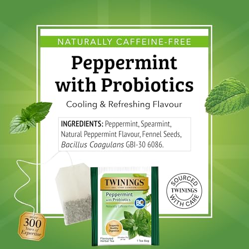 Image of Twinings Peppermint with Probiotics Herbal Tea, 18 Count (Pack of 6), Supports Healthy Digestion, Naturally Caffeine-Free, Enjoy Hot or Iced, 108 Teabags