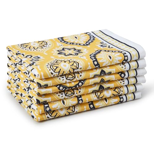 Image of Encasa XO Dining Table Napkins Set of 6 | Yellow-03 Block Printed Cotton Canvas Cloth Napkin - 45x45 cm | Jaipur Sanganeri Hand Print
